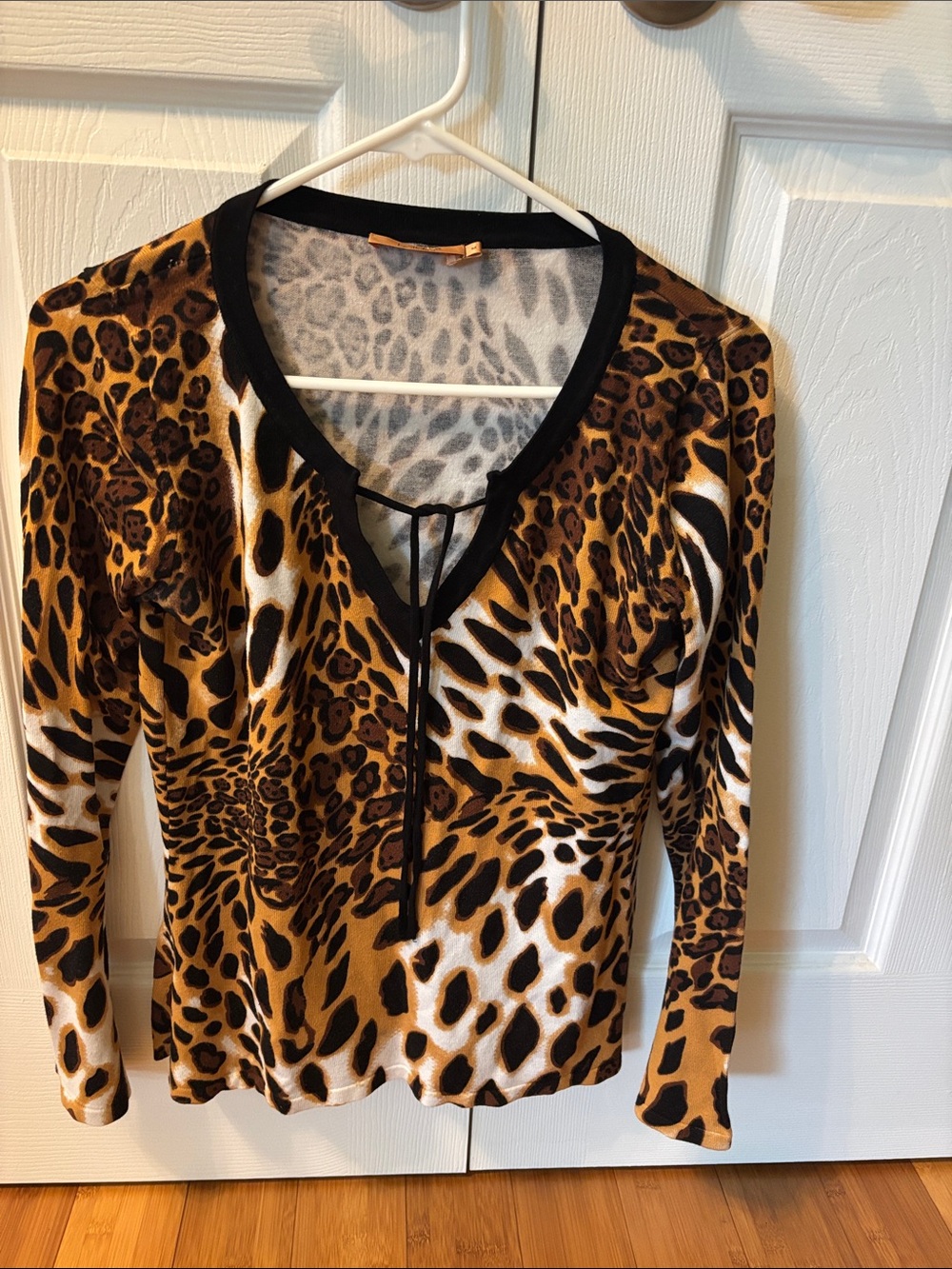 Belldini Leopard Print Long Sleeve V-Neck Top - Brown Black White